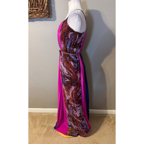 Ella Moss Silk Maxi Dress M Medium Tiered Sleeveless Flowy Pinks Purples Belted - Picture 5 of 15